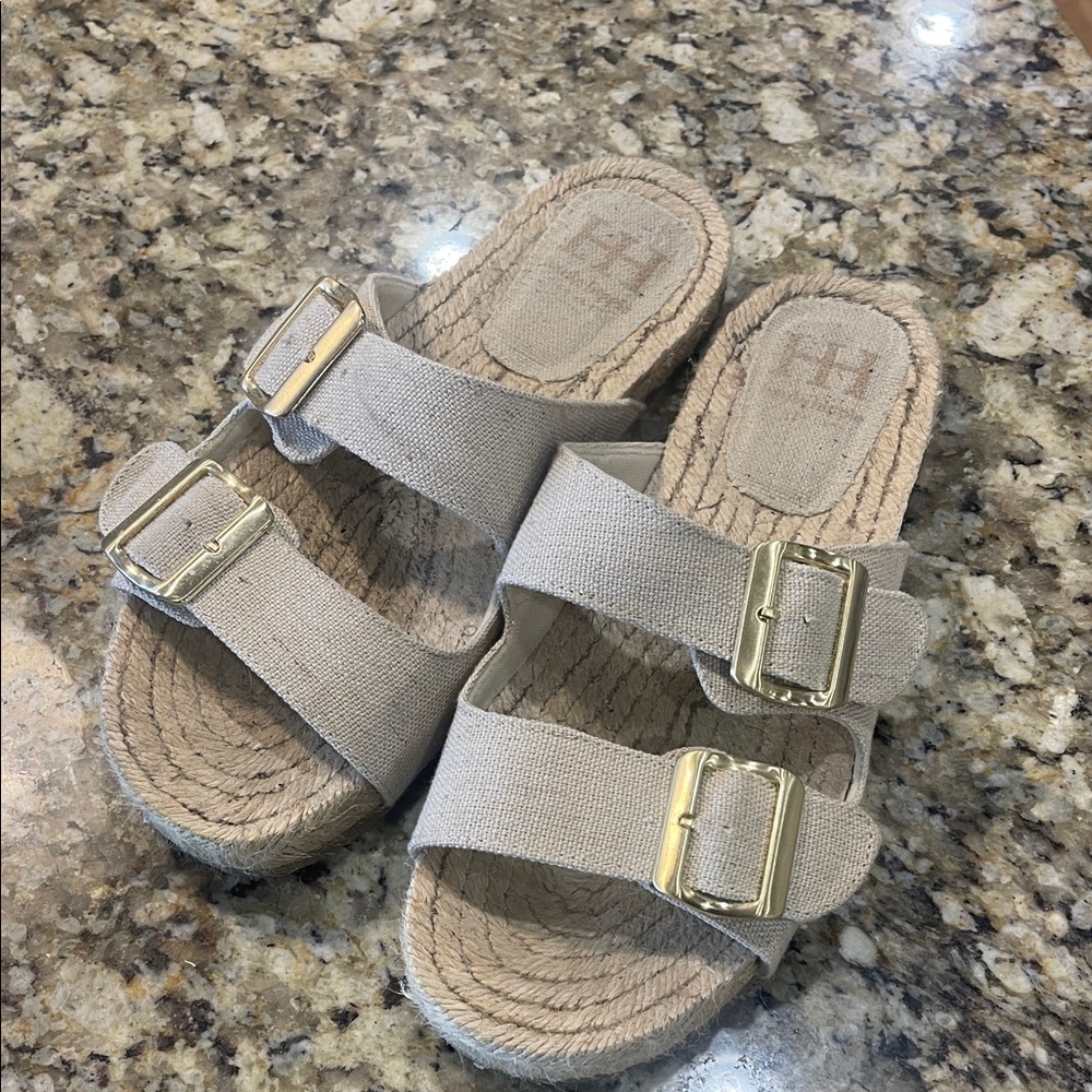 Beige Linen Double Strap Sandals with Gold Buckles